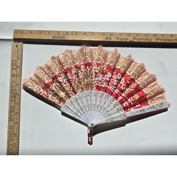 Accessories - Vintage Floral Folding Hand Fan Pink Red Gold Lace Trim Decorative‎ Asian...